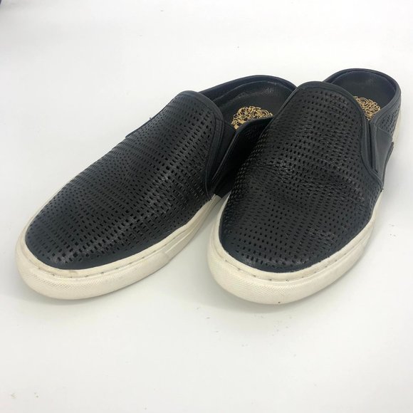 Vince Camuto Black Leather Perf Slip on Slides 7 - Picture 4 of 5